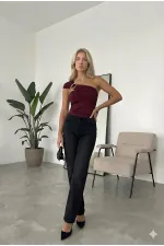 Women's Burgundy Sandy Blouse with Gold Buckle Detail and Shoulder Drape Detail HZL26W-FRY123741