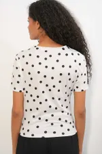 Women's White Satin Short-Sleeve Polka Dot Blouse with Gathered Detail HZL26S-BD1400121 Women's White Satin Short-Sleeve Polka Dot Blouse with Gathered Detail HZL26S-BD1400121
