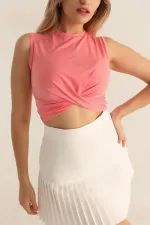 Kadın Pembe Önü Düğümlü Bisiklet Yaka Sıfır Kol Likralı Crop Bluz HZL23S-SND120181