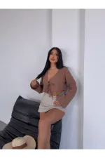 Kadın Camel Önden Bağlamalı Müslin Kumaş Crop Bluz  HZL25S-DSB104071