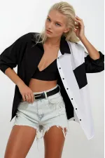 Kadın Siyah Beyaz Renk Bloklu Poplin Basic Gömlek HZL22S-BD1201161