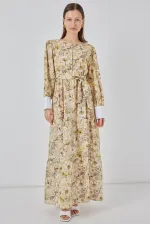Women's Belted Long Dress 2584 - B.Sarı