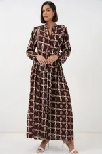 Kadın Desenli Uzun Tesettür Elbise 2585 - A.Kahve