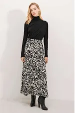 Kadın Krem Siyah Desenli Astarsız Beli Lastikli Midi Boy Etek HZL24S-BD180031