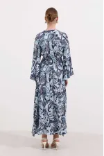 Kadın Turkuaz Desenli İspanyol Kol Beli Lastikli Uzun Yazlık Viskon Elbise HZL24S-BD124541