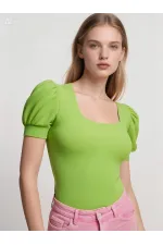 Kadın Fıstık Yeşili Kare Yaka Örme Bluz HZL22W-BD104091