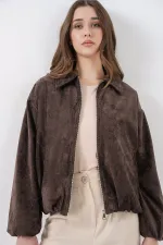 Kadın Büzgülü Oversize Kadife Ceket 0733 - Kahverengi