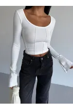 Kadın Beyaz Uzun Kollu Arkası Bağlamalı Fit Kesim Crop Bluz HZL25W-FRY122771