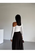 Kadın Beyaz Asimetrik Yaka Drapeli Sandy Bluz HZL25S-FRY123361