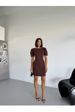 Women's Brown Boat Neck Welt Pocket Short Sleeve Mini Dress HZL26S-FRY123891 Women's Brown Boat Neck Welt Pocket Short Sleeve Mini Dress HZL26S-FRY123891
