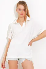 Chemisier polo blanc oversize pour femme, en maille, référence 0486