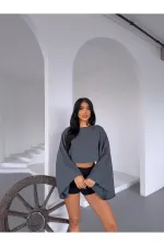 Kadın Antrasit Panço Model Müslin Bluz HZL25S-DSB16161