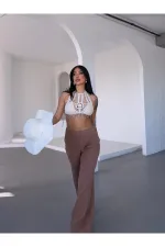 Kadın Camel Beli Lastikli Müslin Kumaş Bol Paça Pantolon HZL25S-DSB12221