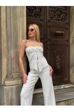 Kadın Beyaz Boyundan Bağlamalı Staplez Bluz HZL25S-ZK13581