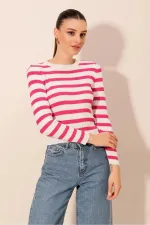 Pull ras du cou rayé rose pour femme HZL24W-BD1101331