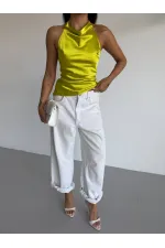 Kadın Fıstık Yeşil Halter Yaka Saten Kumaş Sırt Dekolteli Bluz HZL26W-FRY123801