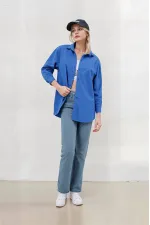 Kadın Mavi Oversize Uzun Basic Gömlek HZL22W-BD139001