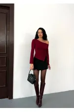 Kadın Bordo Asimetrik Kesim İspanyol Kol Beli Büzgülü Sandy Bluz HZL25W-FRY123591