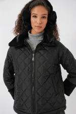 5202 Peluş Detaylı Kapitone Mont - Siyah