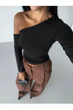 Kadın Siyah Asimetrik Yaka Drapeli Sandy Bluz HZL25S-FRY123361