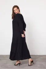 Kadın Siyah Madonna Yaka Kolu Lastikli Uzun Viskon Elbise HZL25S-VM10331