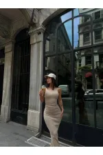 Kadın Bej Bisiklet Yaka Sıfır Kol Yıkamalı Fitilli Uzun Elbise HZL24S-VL1241071