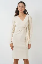 Women's Wrap Collar Knit Dress 15928 - Ecru