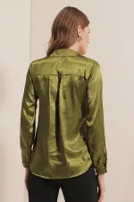 3964 Lightly Draped Satin Shirt - Light Khaki