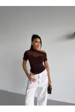 Kadın Kahverengi Tek Omuz Transparan Tül Detaylı Şık Sandy Bluz HZL26S-FRY123871