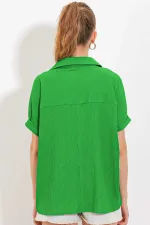 Kadın Koyu Yeşil Polo Yaka Geniş Kesim Örme Bluz HZL24S-BD104861