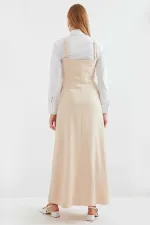 Kadın Bej Askılı Düğme Detaylı Cepli Kuşaklı Uzun Elbise HZL24S-BD124901