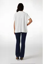 Kadın Ekru Polo Yaka Geniş Kesim Örme Bluz HZL24S-BD104861