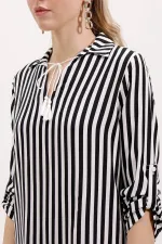 5613 Striped Tunic with Collar Tie - Black