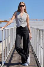 Kadın Gri Çizgili Düğmeli Astarsız Dokuma Yelek HZL24S-BD167941