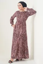 2145 Desenli Tesettür Elbise - Kahverengi