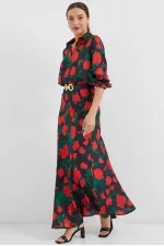 Ensemble deux pièces en satin à motifs noirs et rouges pour femme 8018