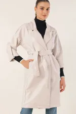 1034 Kuşaklı Suni Deri Trençkot - Ekru