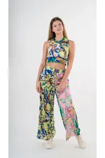 Kadın Yeşil Pembe Desenli Bluz Pantolon Takım HZL22S-YY298