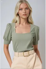 Kadın Çağla Yeşili Kare Yaka Örme Bluz HZL22W-BD104091