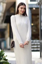 Robe mi-longue en maille côtelée à col zippé, coupe large, couleur crème, pour femme, HZL24W-BD1101831