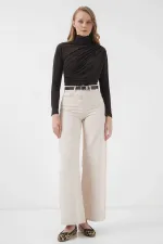 Kadın Kahverengi Büzgü Detay Balıkçı Yaka Sandy Bluz HZL25W-BD19251