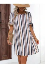 Kadın Krem Lacivert İthal Keten Baskılı Bisiklet Yaka Astarsız Elbise HZL24S-FRY121011