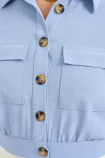 Women's Ice Blue Pocket Buttoned Short Sleeve Summer Crop Shirt Jacket HZL22S-BD106631