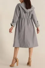 Trench-coat long à capuche gris pour femme avec cordon de serrage à la taille HZL22W-BD190911