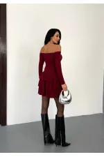 Women's Burgundy Strapless Neckline Layered Skirt Detail Mini Dress HZL25W-FRY123581