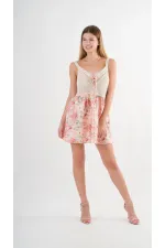 Robe courte ceinturée à col en V et motifs multicolores en satin pour femme HZL24S-YY250