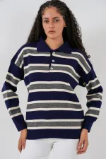Pull en maille rayé à col polo pour femme 15952 - Bleu marine