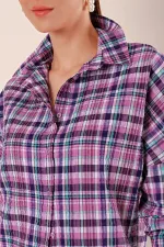 Women's Lilac Purple White Striped Plaid Shirt HZL22W-BD1201451