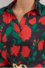 Ensemble deux pièces en satin à motifs noirs et rouges pour femme 8018