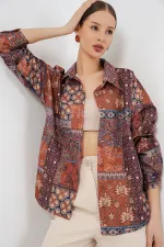 Women's Oversize Patterned Satin Shirt 20365 - Terracotta